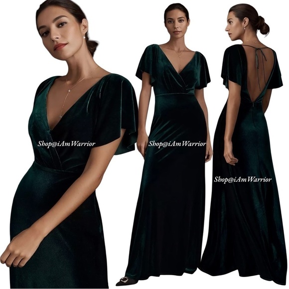 Anthropologie NWT Jenny Woo emerald flutter velvet gown *shop@iamwarrior - Picture 3 of 8